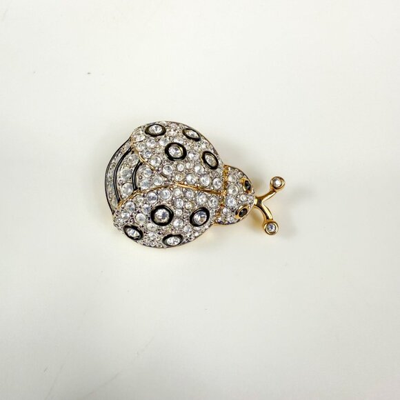 Swarovski Gold Tone Black Enamel and Clear Rhinestones Ladybug Ladybird Brooch - Picture 3 of 5